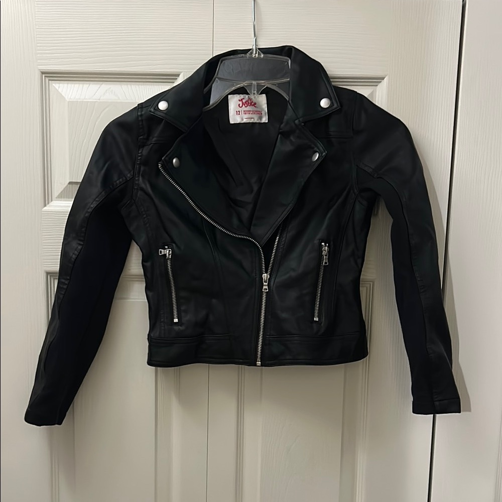 Justice Black Faux Leather Jacket Fitted Silhouette Asymmetrical Zipper